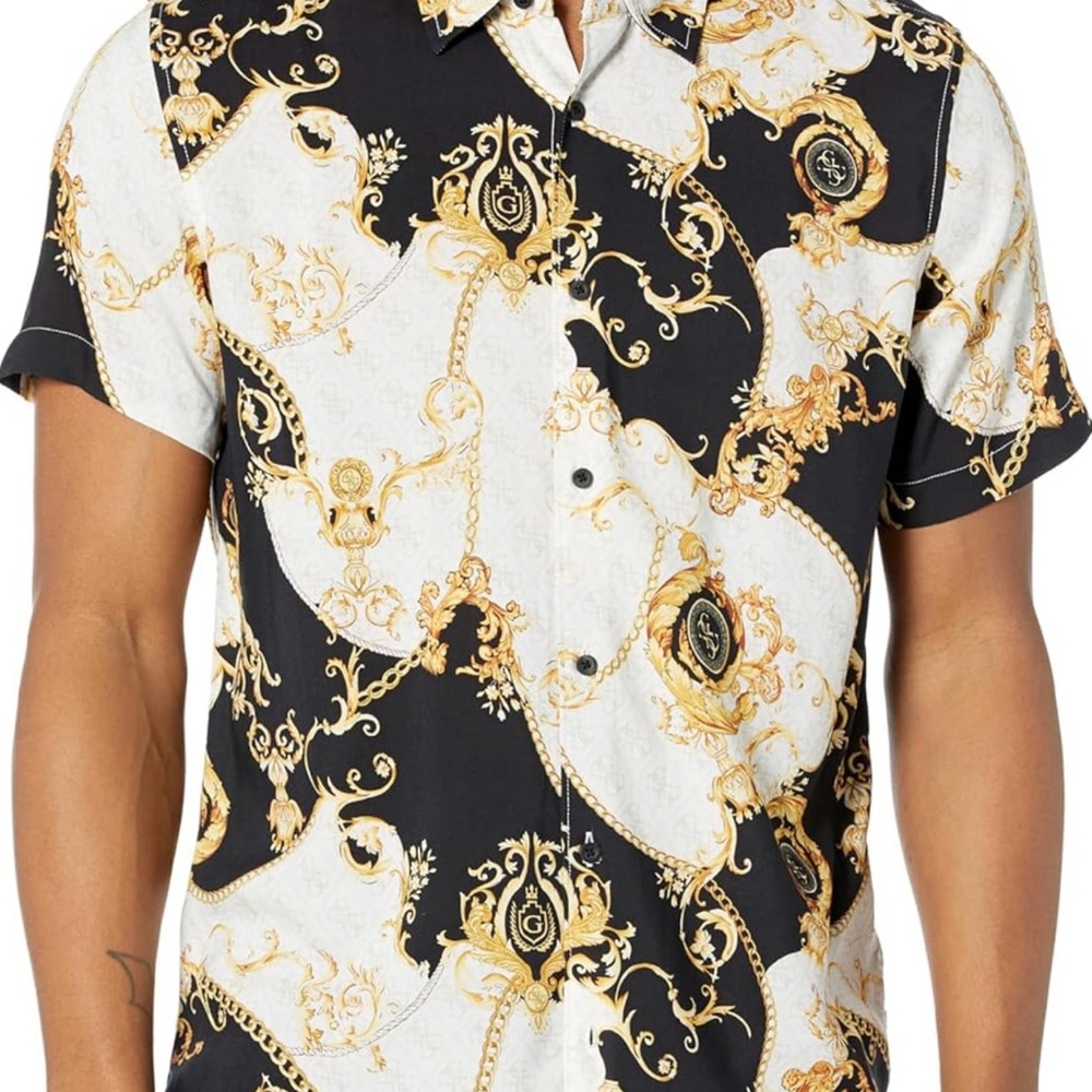 Guess Mens Short Sleeve Eco Rayon Gold Chains Shirt